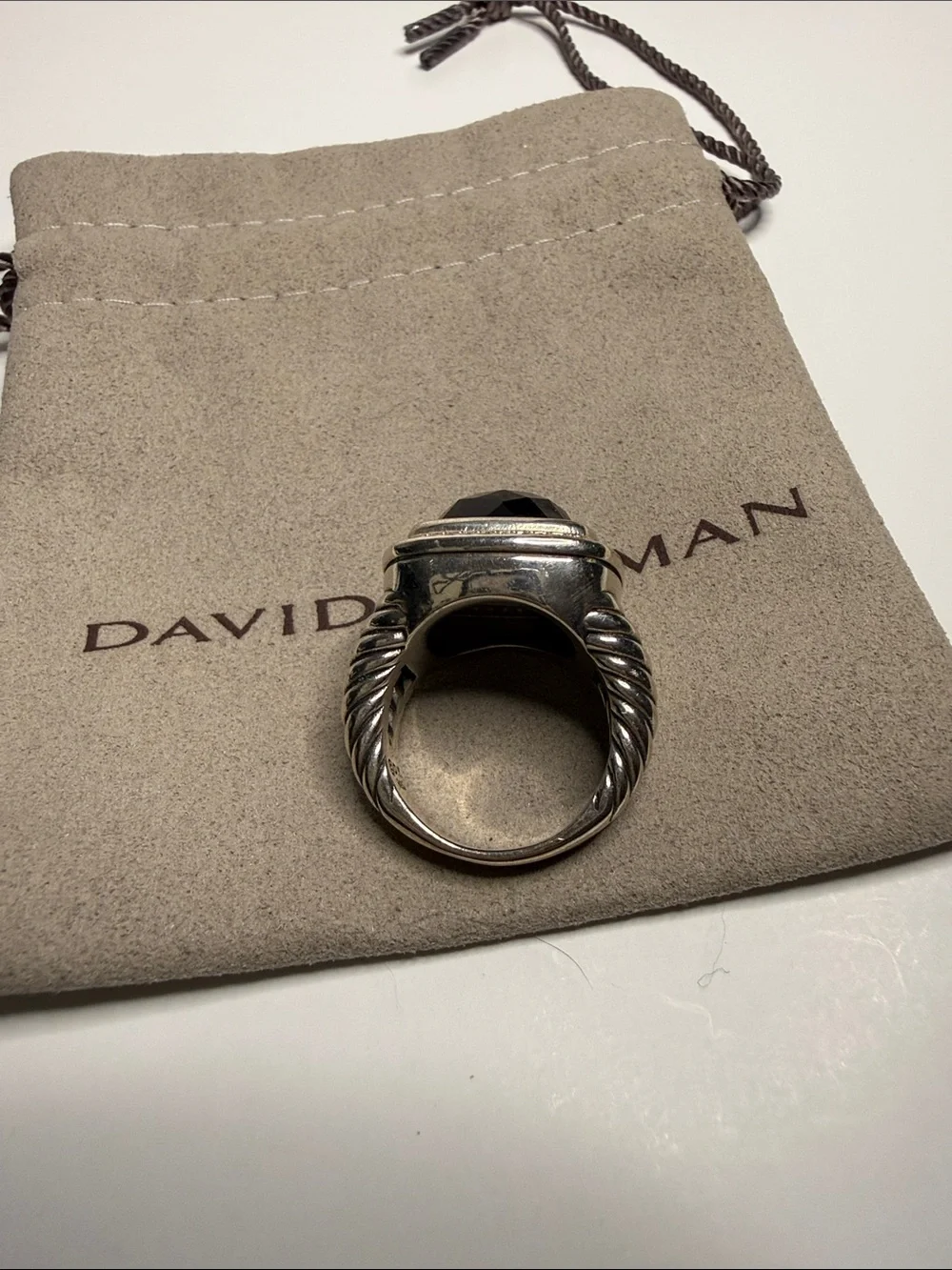 David Yurman Sterling Silver Ring with Black Onyx and Diamond Halo